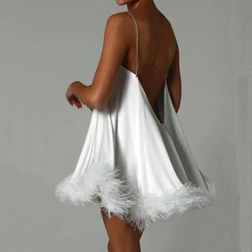 MQTIME  -  Women Solid Color Feather Trim V-Neck Chain Spaghetti Straps Sling Mini Dress Summer Sleeveless Backless vestido